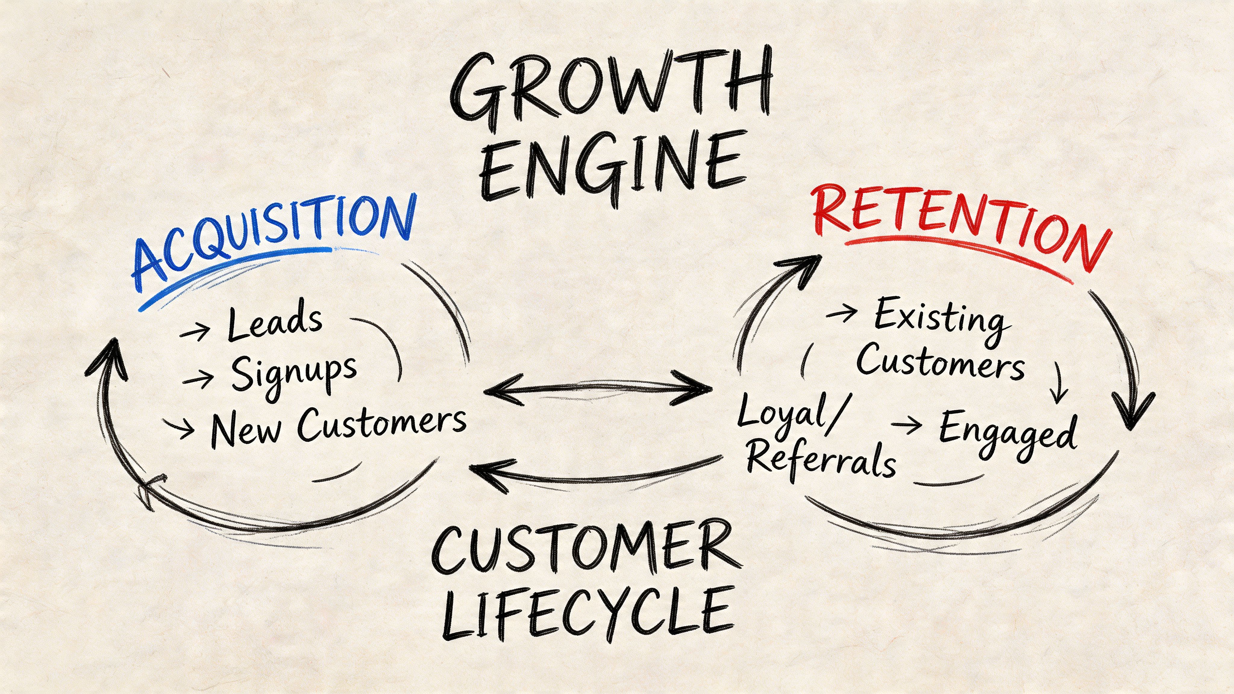 A diagram illustrating a growth engine model showing the customer lifecycle through acquisition and retention phases.