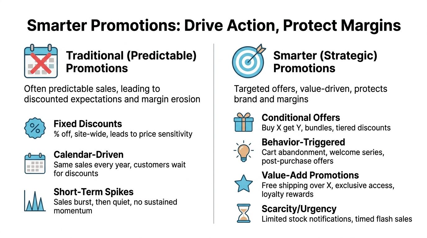 A comparison chart showing the differences between traditional calendar-driven promotions and strategic, behavior-triggered marketing promotions for businesses.