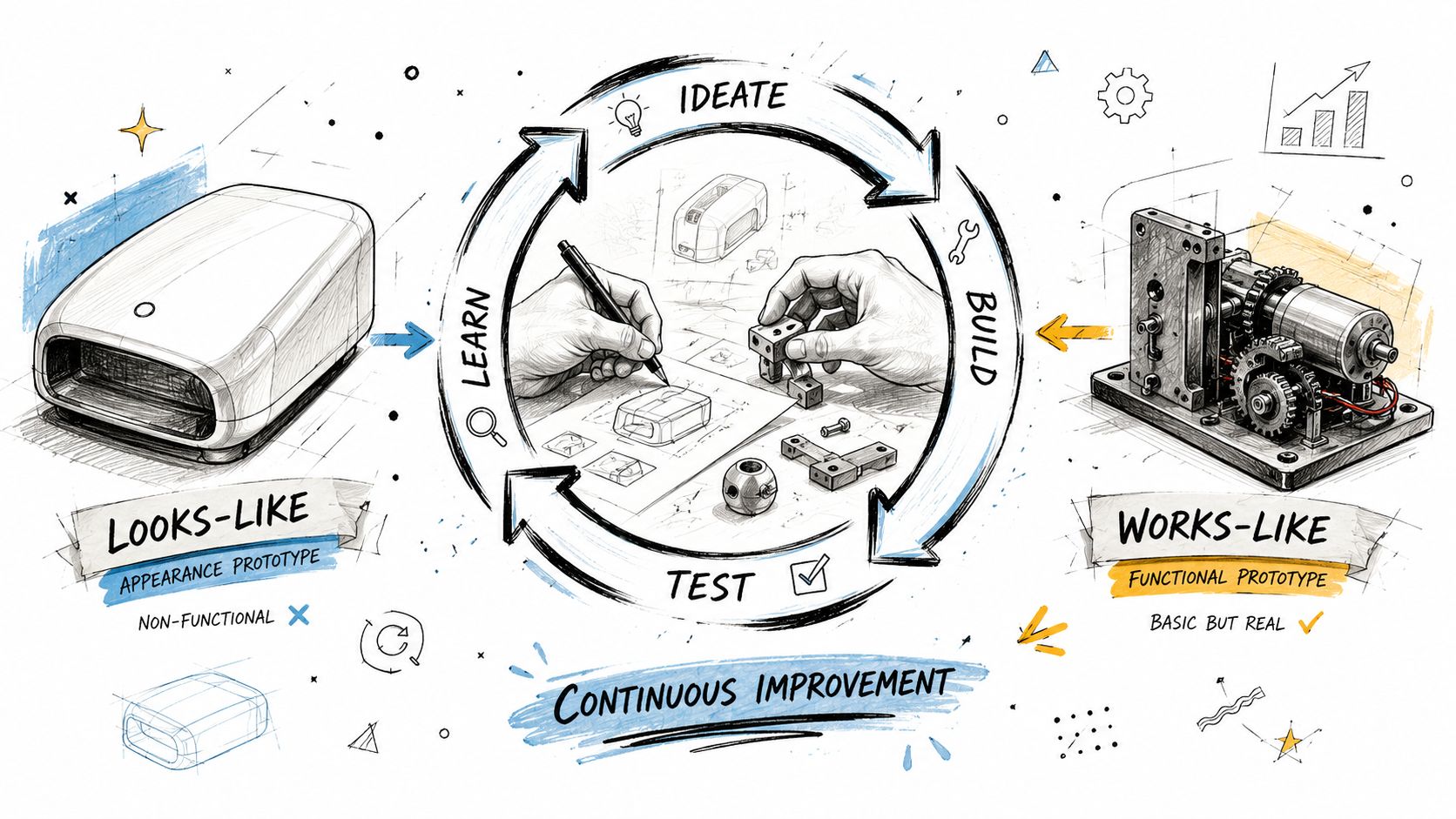 A diagram illustrating the design process including looks-like appearance prototypes, a continuous improvement cycle, and works-like functional prototypes.