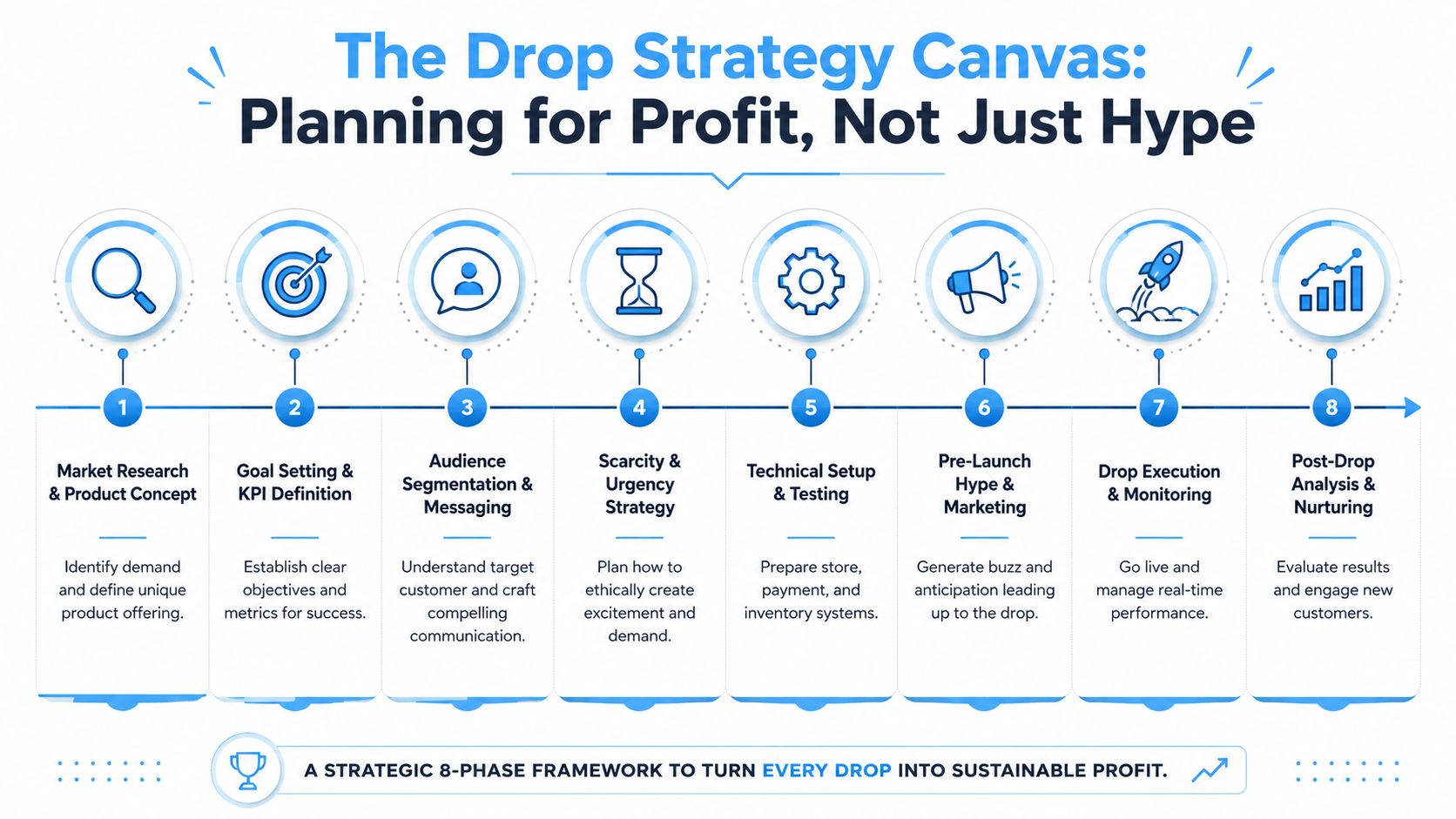 An 8-phase framework infographic for planning a successful and profitable product drop strategy.