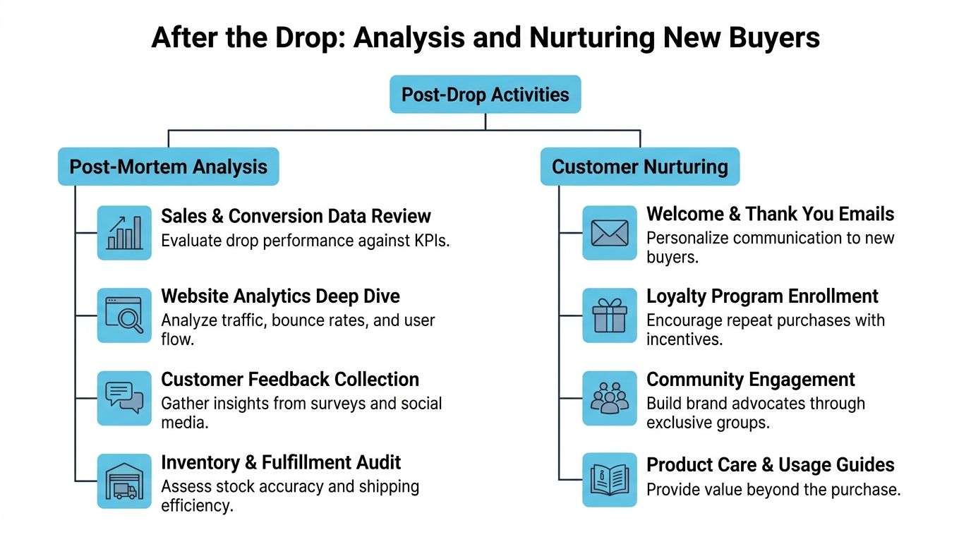 A diagram outlining post-drop activities including post-mortem analysis steps and customer nurturing strategies for new buyers.
