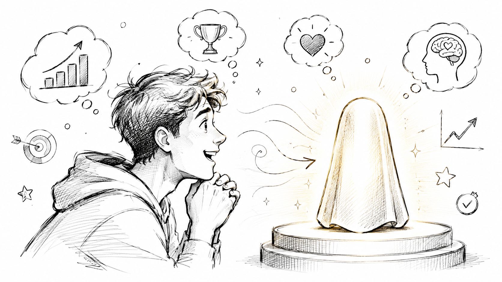 An excited young man looking at a mysterious covered object on a podium, symbolizing a product reveal.