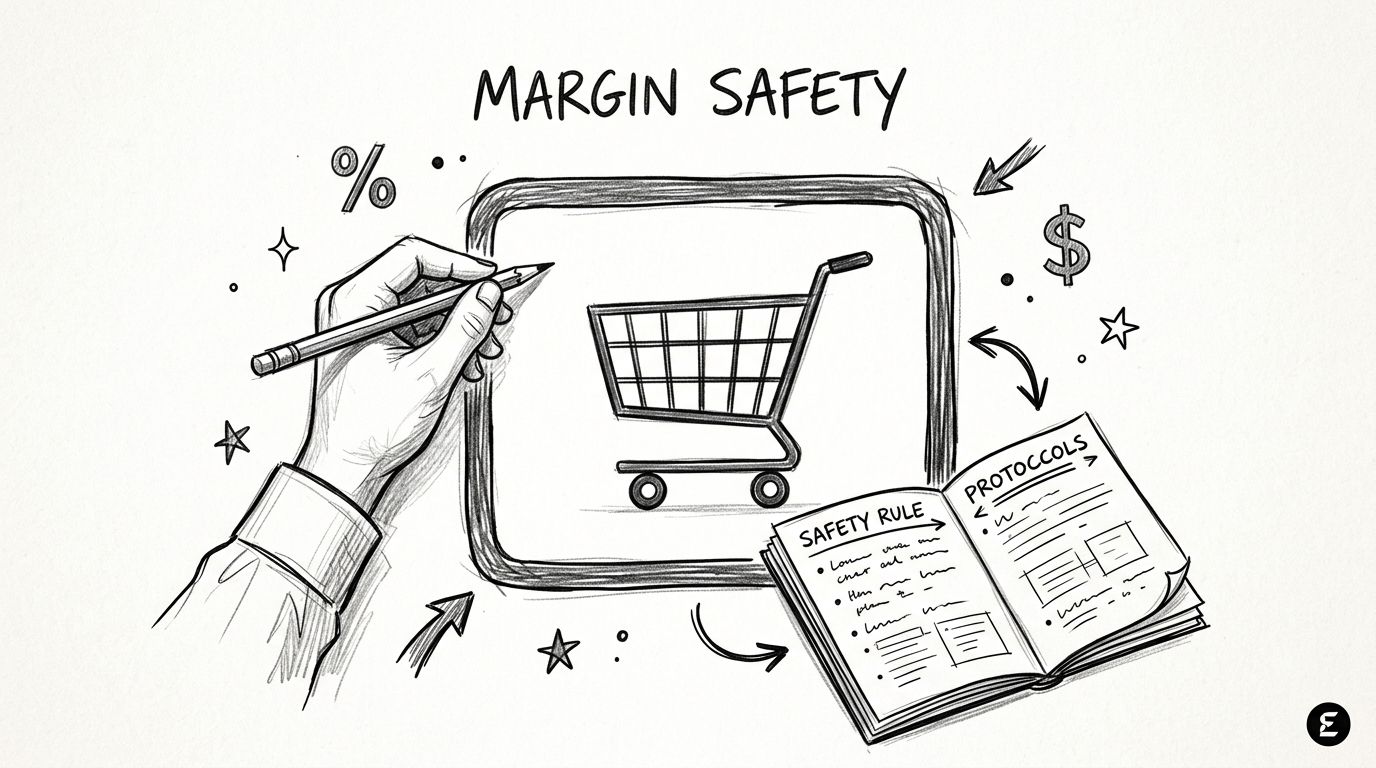 A hand drawing a shopping cart icon next to a protocol book representing margin safety strategies.