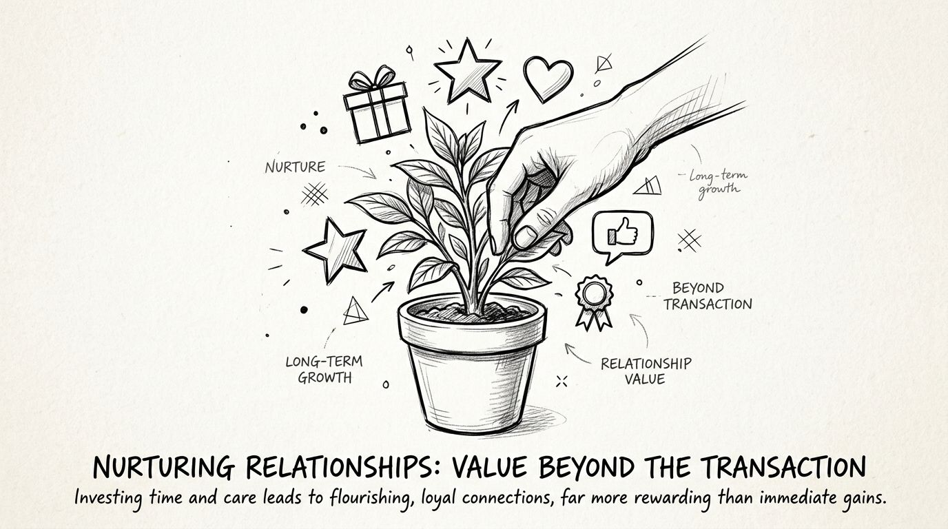 A hand nurturing a plant in a pot, illustrating the concept of building long-term relationship value.