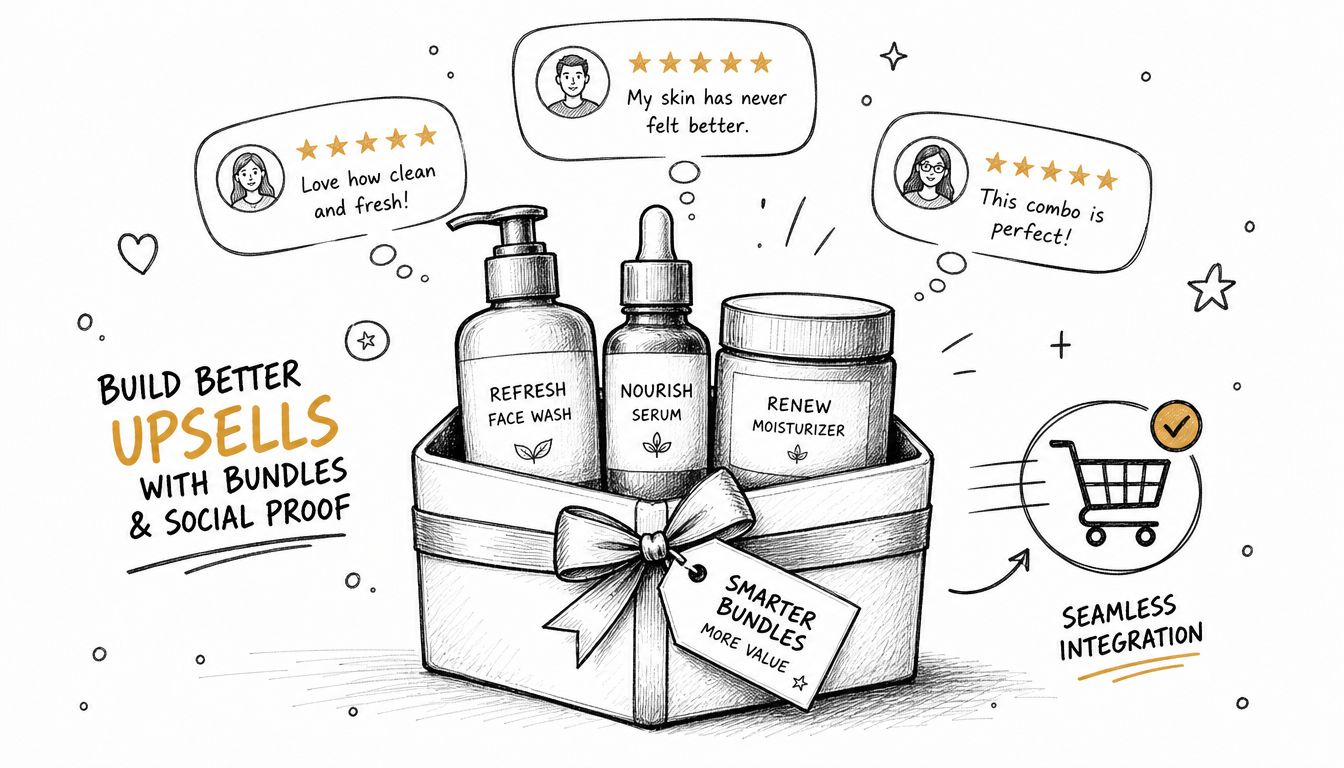 A hand-drawn illustration showing a skincare product bundle with customer reviews and shopping cart integration.