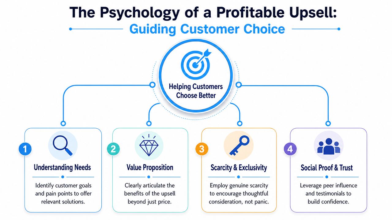 A diagram outlining four essential psychological strategies for effectively guiding customer choices during an upsell process.