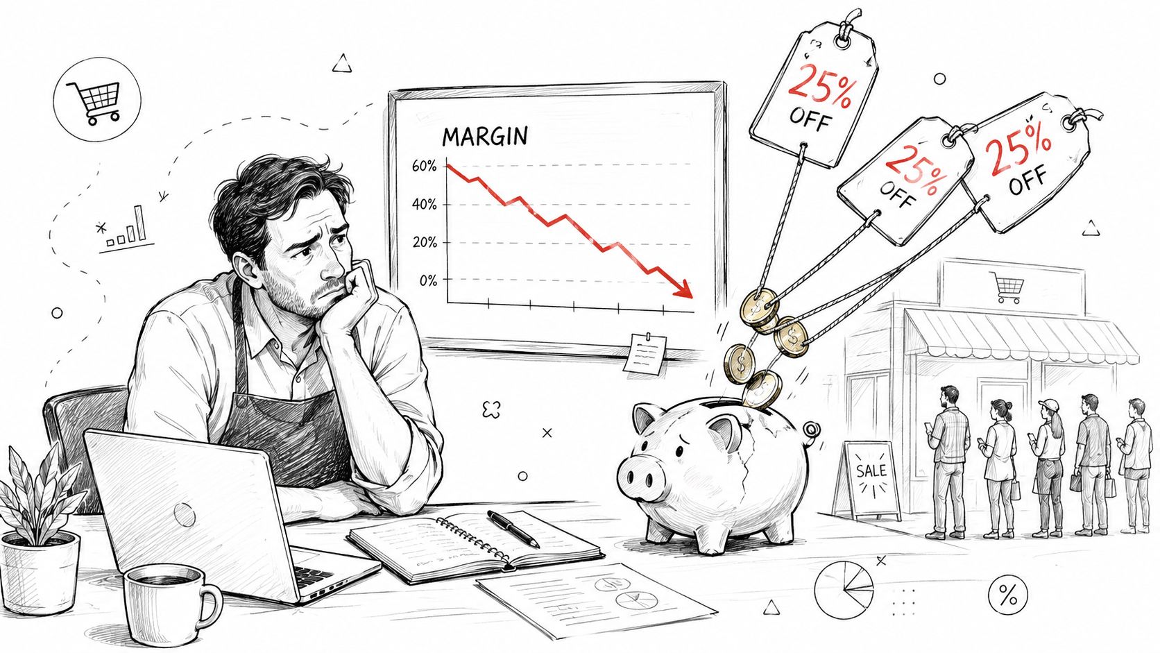 A concerned shop owner looks at a declining margin chart while customers wait in a sale line.