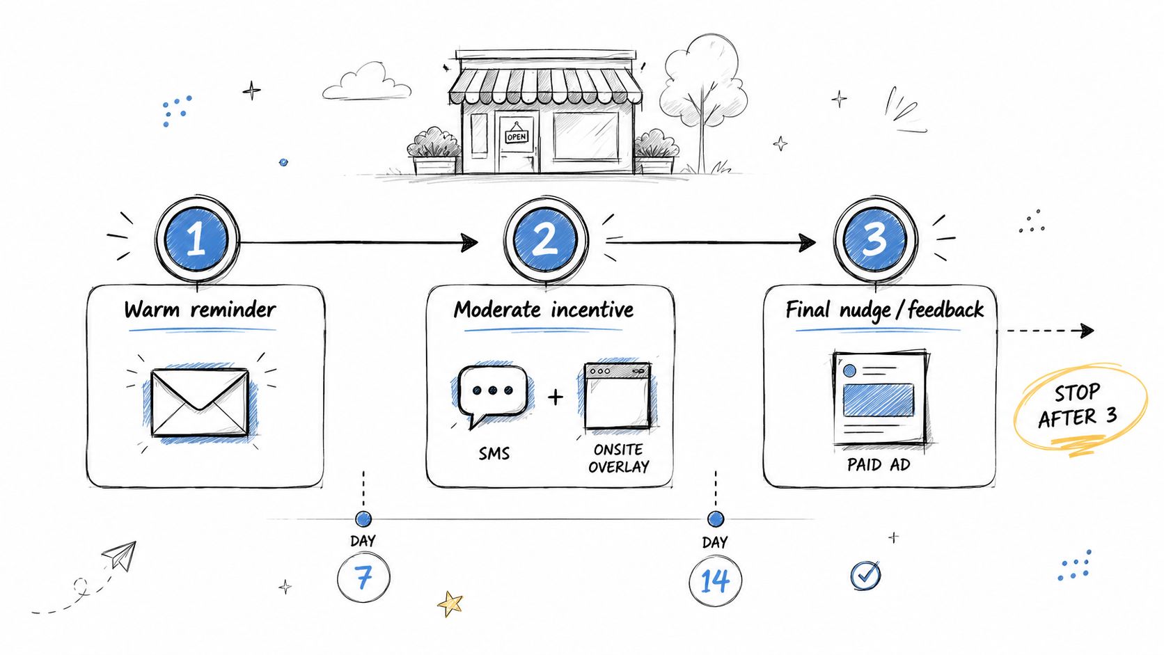 A marketing funnel illustration showing a three-step customer retention strategy with timeline-based reminders and incentives.