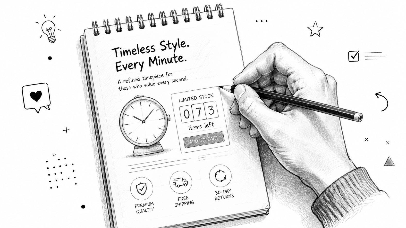 A hand drawing a sales-focused product description page for a luxury timepiece in a spiral notebook.
