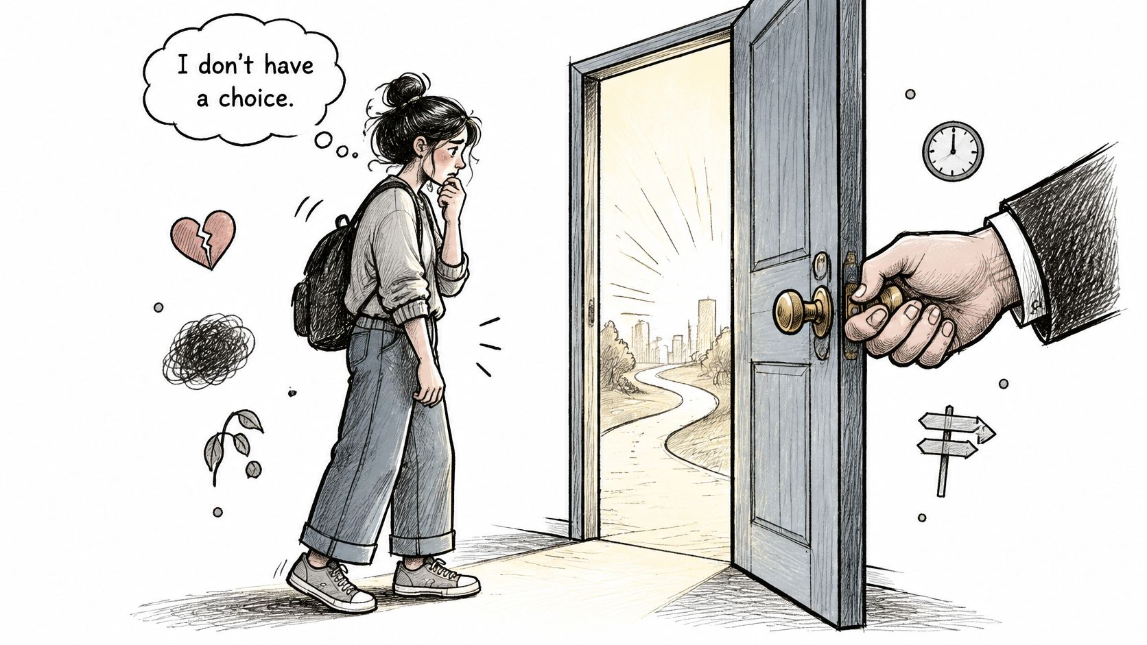 A sad girl standing before an open door, feeling helpless as a giant hand closes it.