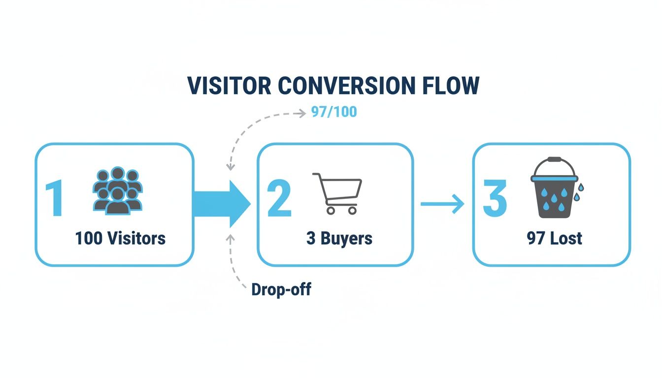 Diagram illustrating visitor conversion flow: 100 visitors, 3 become buyers, 97 drop off and are lost.