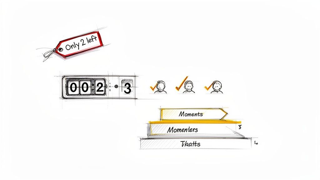 Sketch illustration showing 'Only 2 left' tag, a counter, user progress, and a conversion funnel.