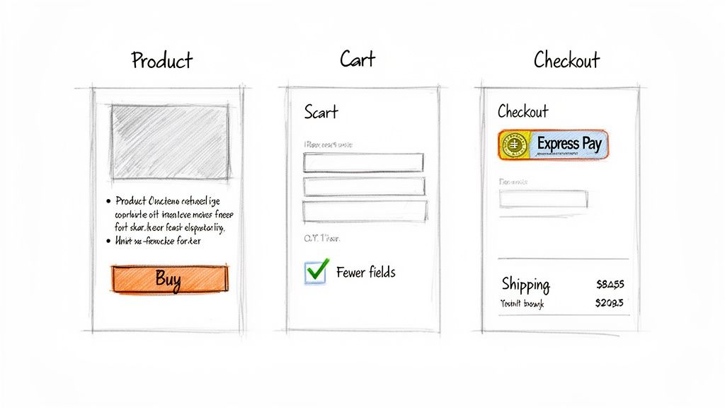 Wireframes illustrating an optimized e-commerce conversion funnel with product, cart, and simplified checkout steps.