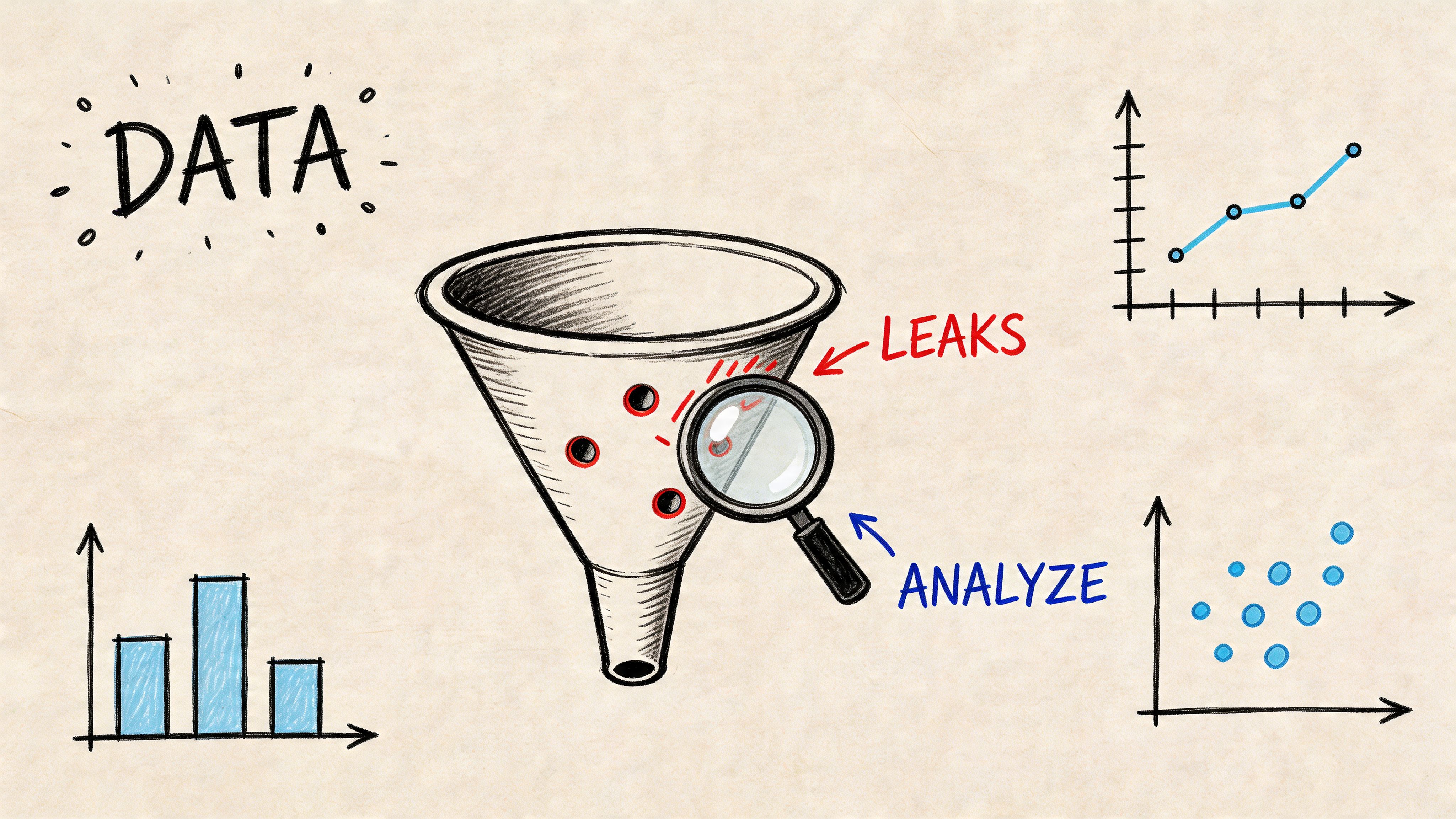 A hand-drawn illustration showing a data funnel with leaks being examined by a magnifying glass.