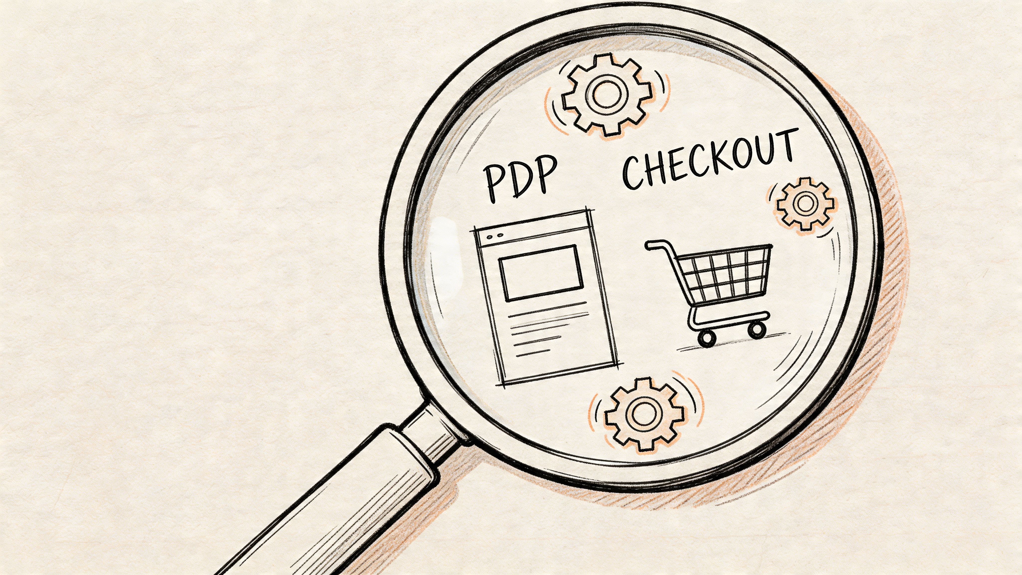 A magnifying glass highlighting product detail page and checkout optimization concepts for e-commerce conversion growth.