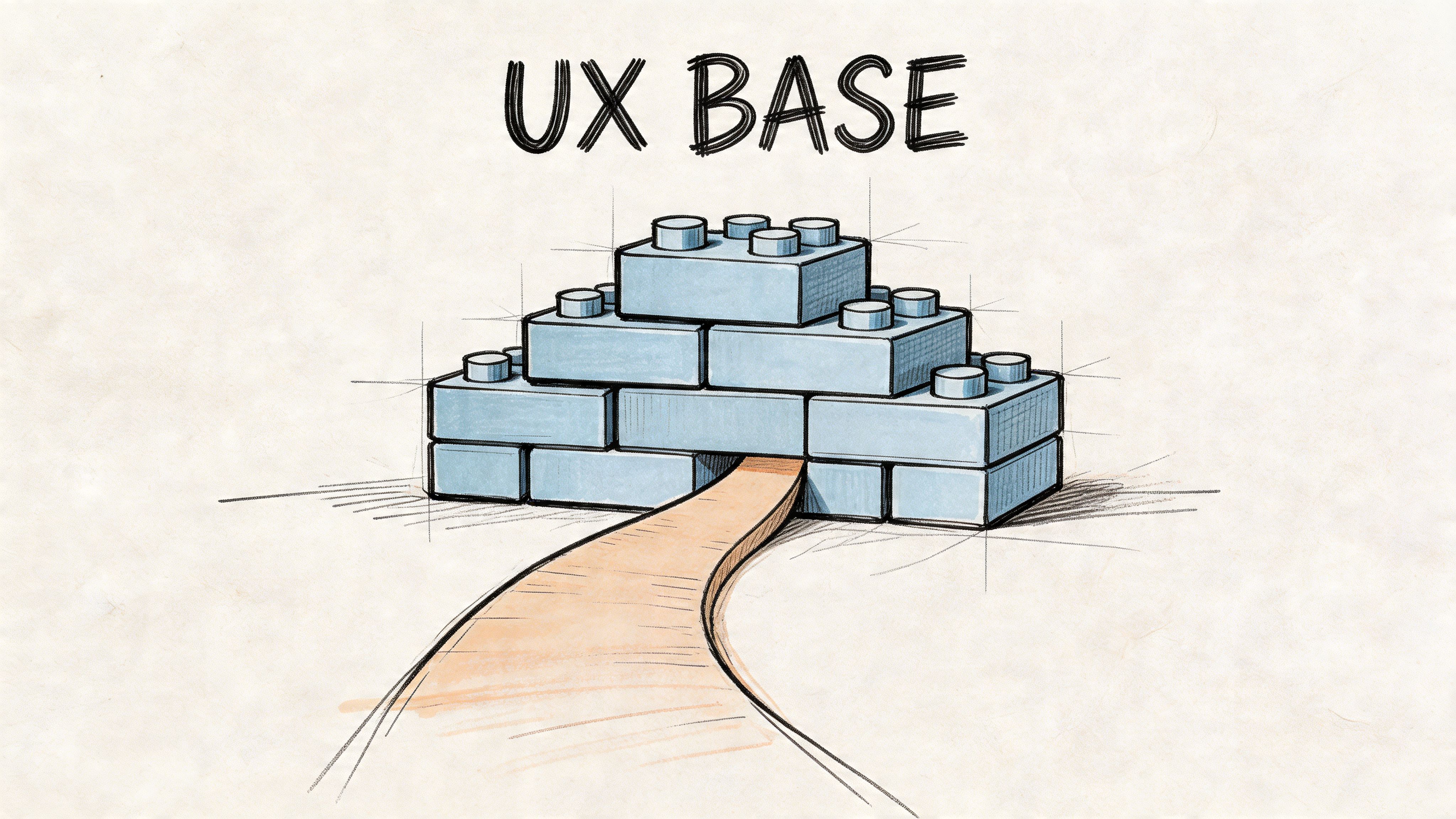 A conceptual sketch showing a path leading into a structure built of blue toy building blocks.