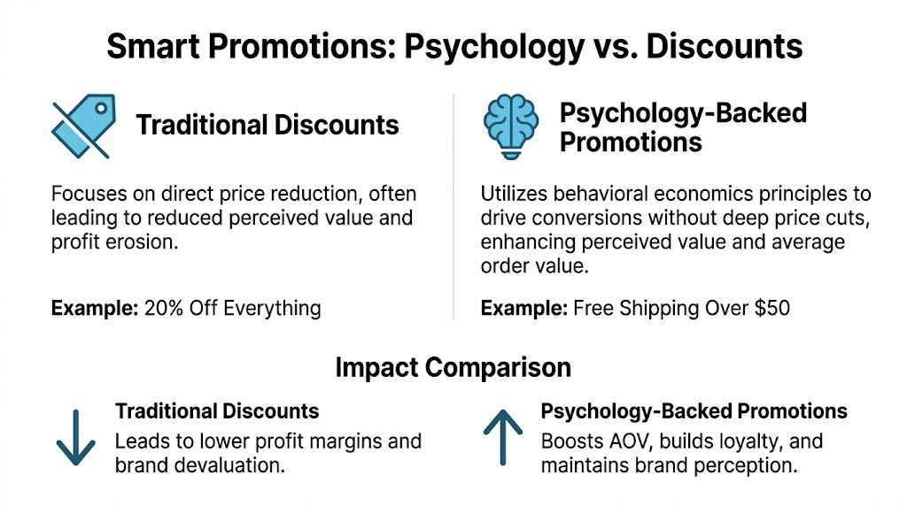 A comparison chart showing how psychology-backed promotions increase conversions better than traditional price-based discounts.