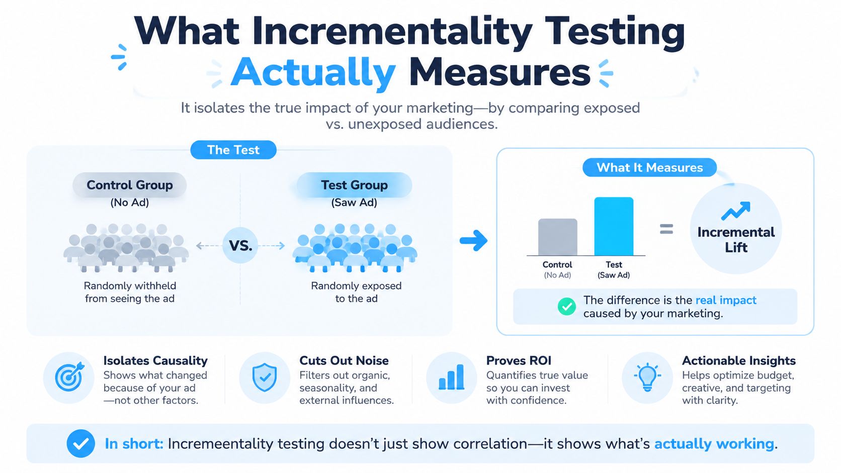 A diagram explaining incrementality testing by comparing a control group and a test group to measure lift.