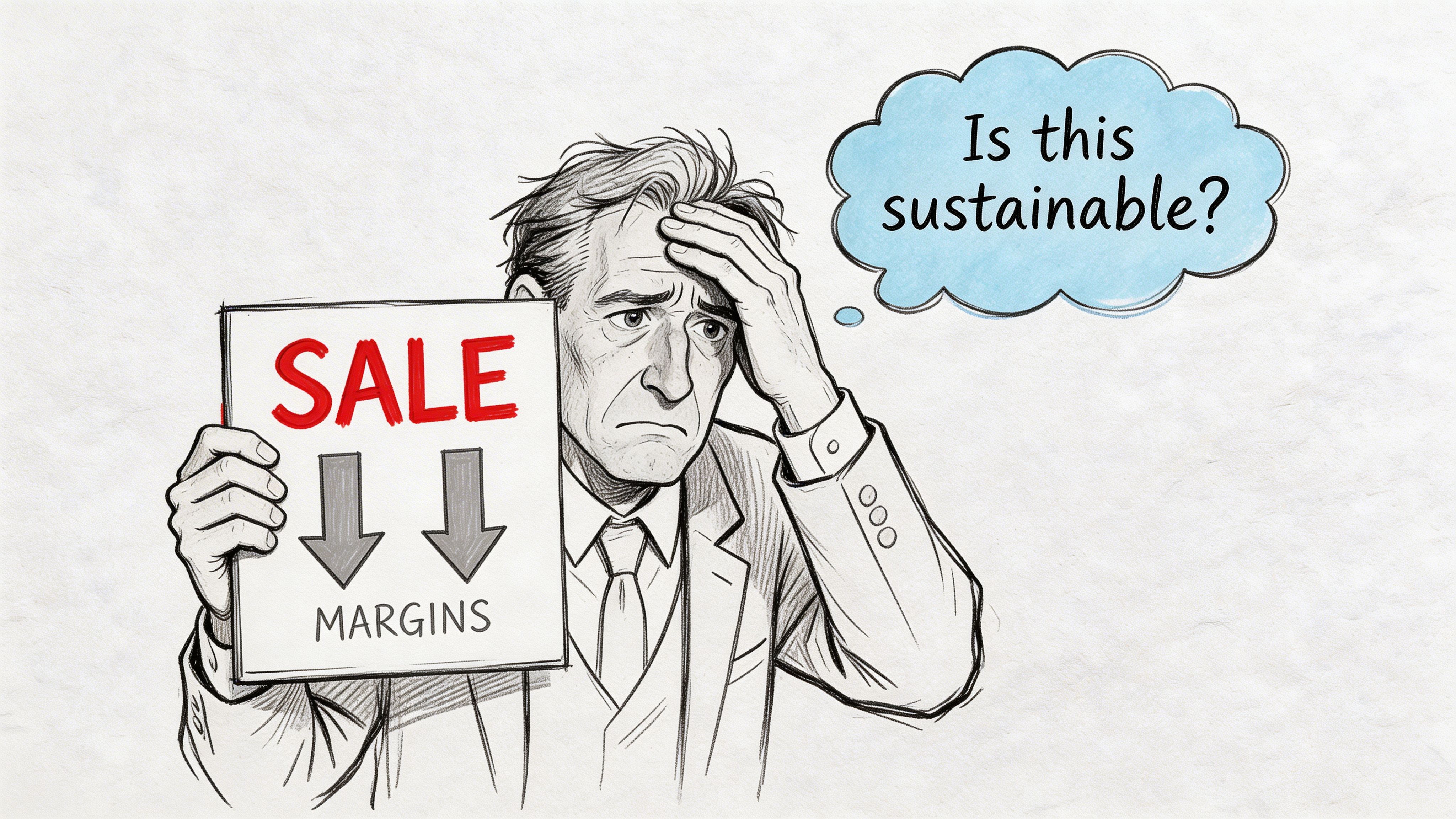 A worried businessman holding a sign that says sale and margins with downward arrows, thinking about sustainability.