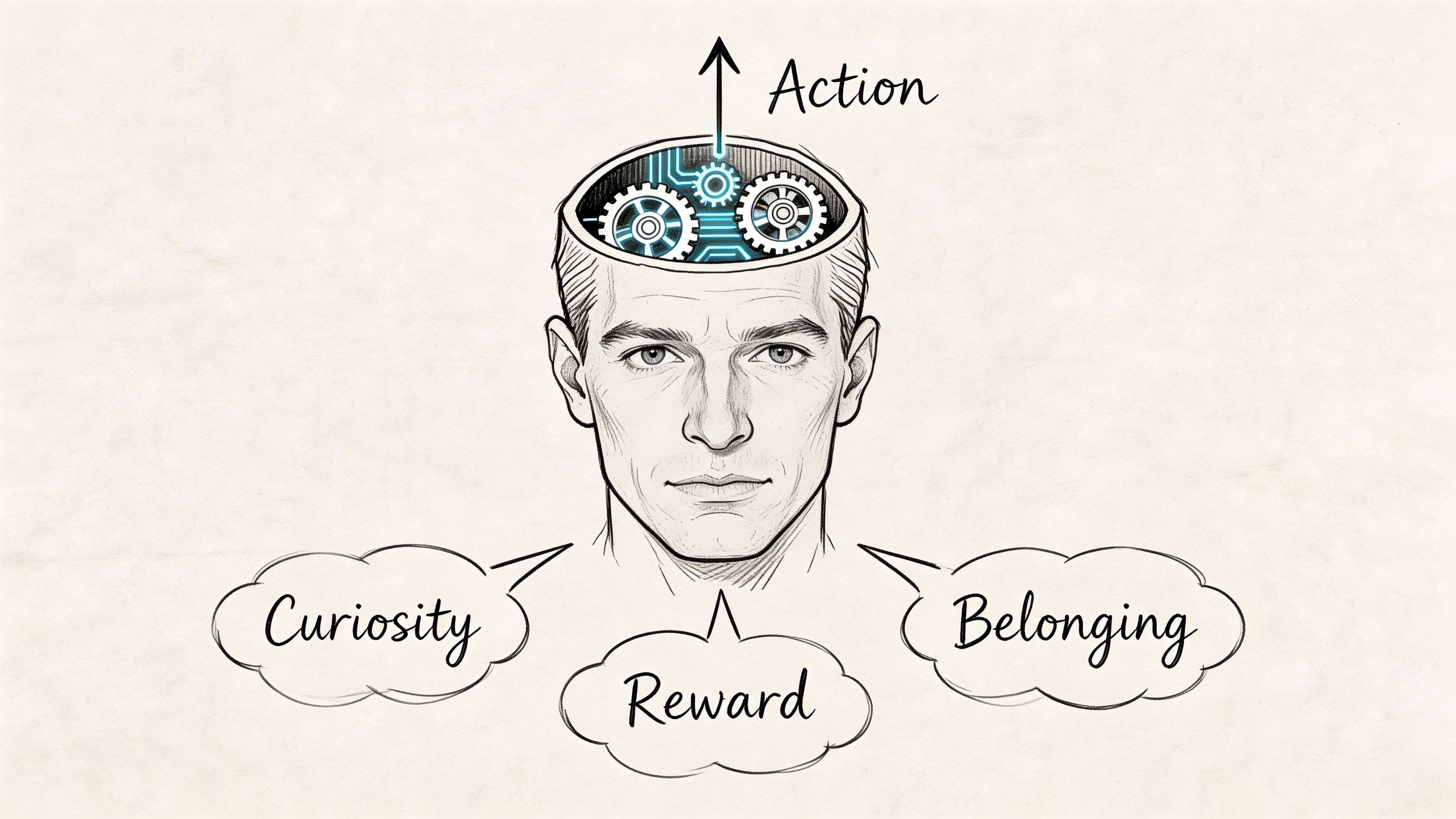 A pencil sketch of a human head with mechanical gears inside, surrounded by curiosity, reward, and belonging labels.