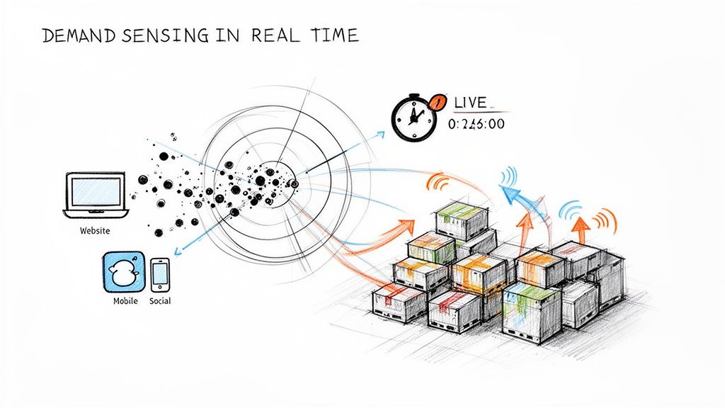 Diagram illustrating real-time demand sensing, collecting data from various sources to optimize inventory.