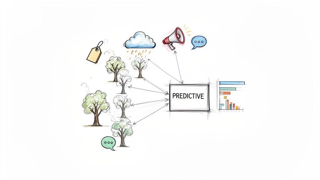 Diagram illustrating data inputs like products, weather, and communication feeding into predictive analytics and charts.