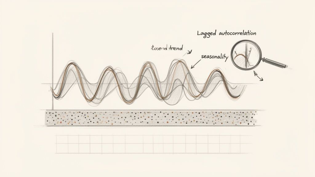 Graph illustrating time series analysis components: trend, seasonality, and lagged autocorrelation for forecasting.