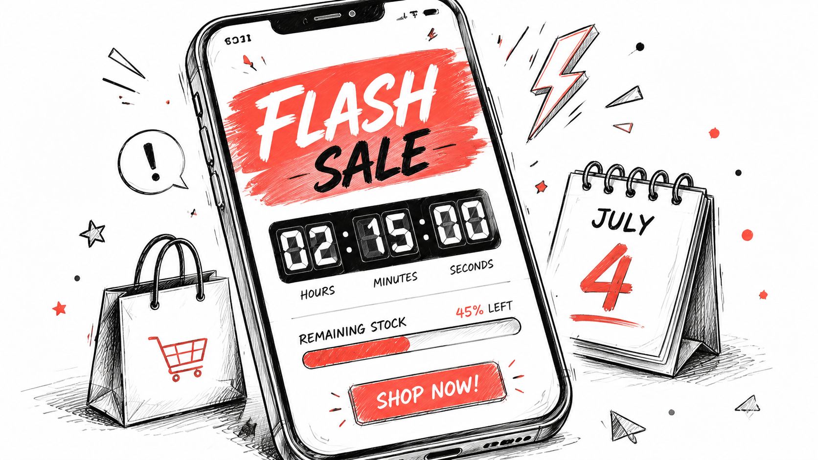 A smartphone displaying a July 4th flash sale with a countdown timer, shopping bag, and calendar icon.