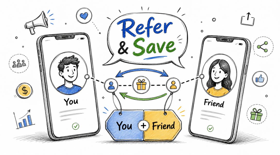 A hand-drawn illustration showing a referral program where two people connect via smartphones to receive rewards.