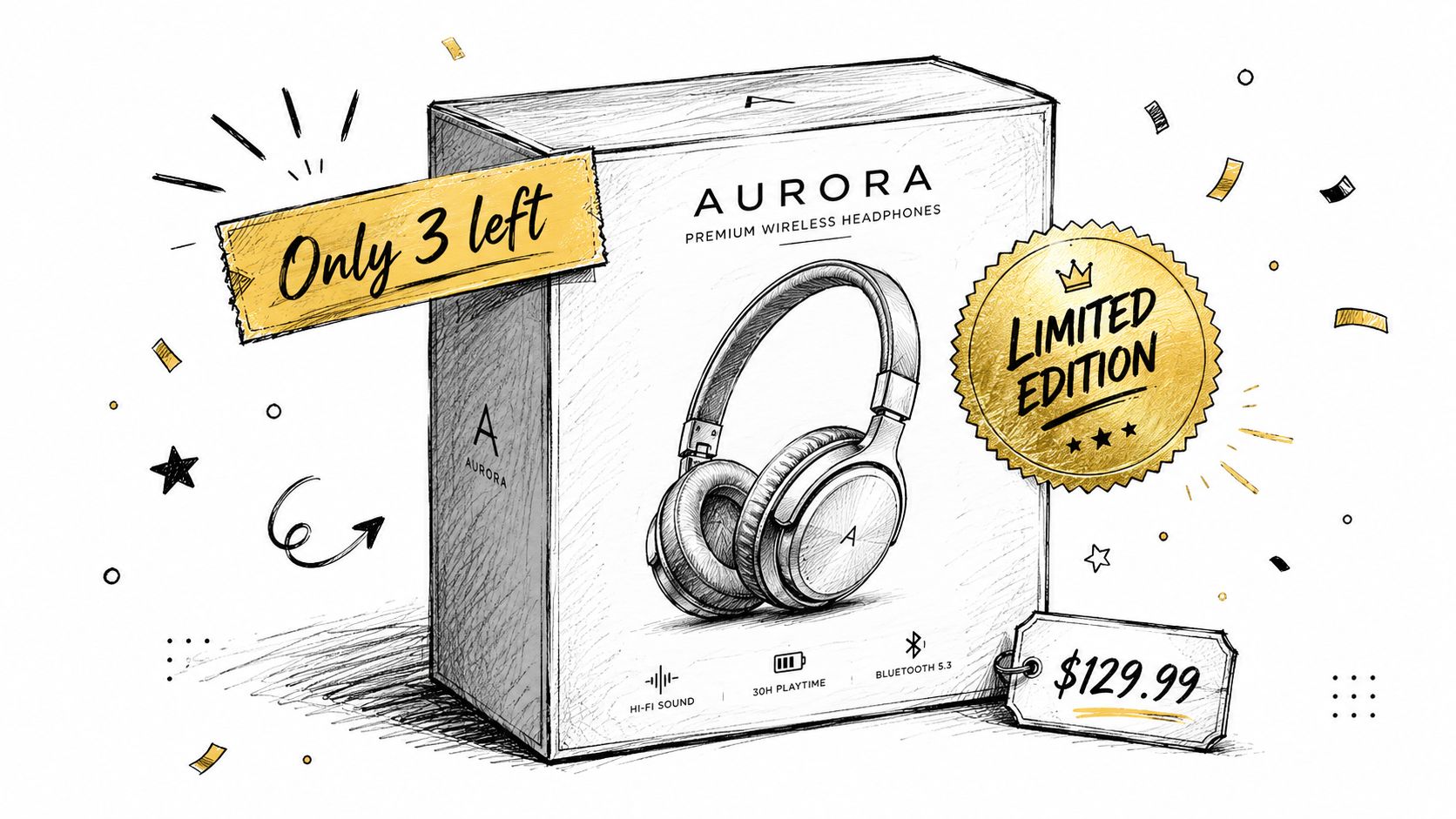 A hand-drawn sketch of Aurora wireless headphones in a box, highlighting limited edition availability and pricing.