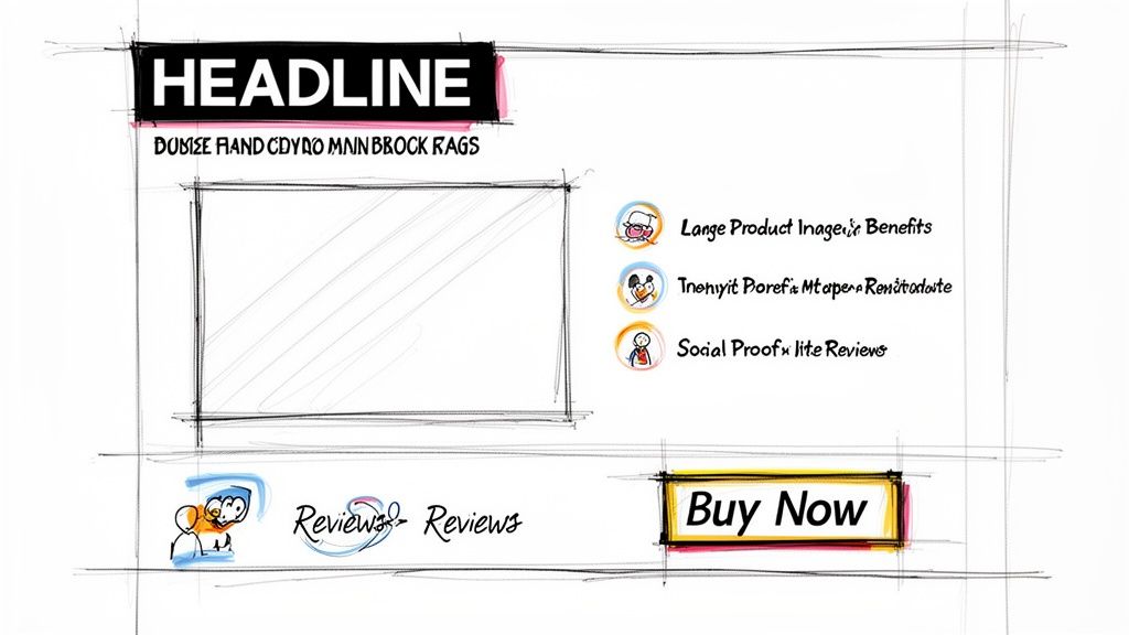 Wireframe sketch of an e-commerce landing page, featuring product image, benefits, reviews, and a 'Buy Now' button.