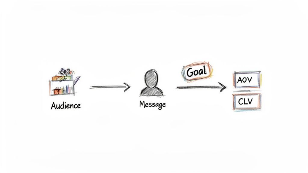 Flowchart showing Audience to Message to Goal, leading to Average Order Value (AOV) and Customer Lifetime Value (CLV).