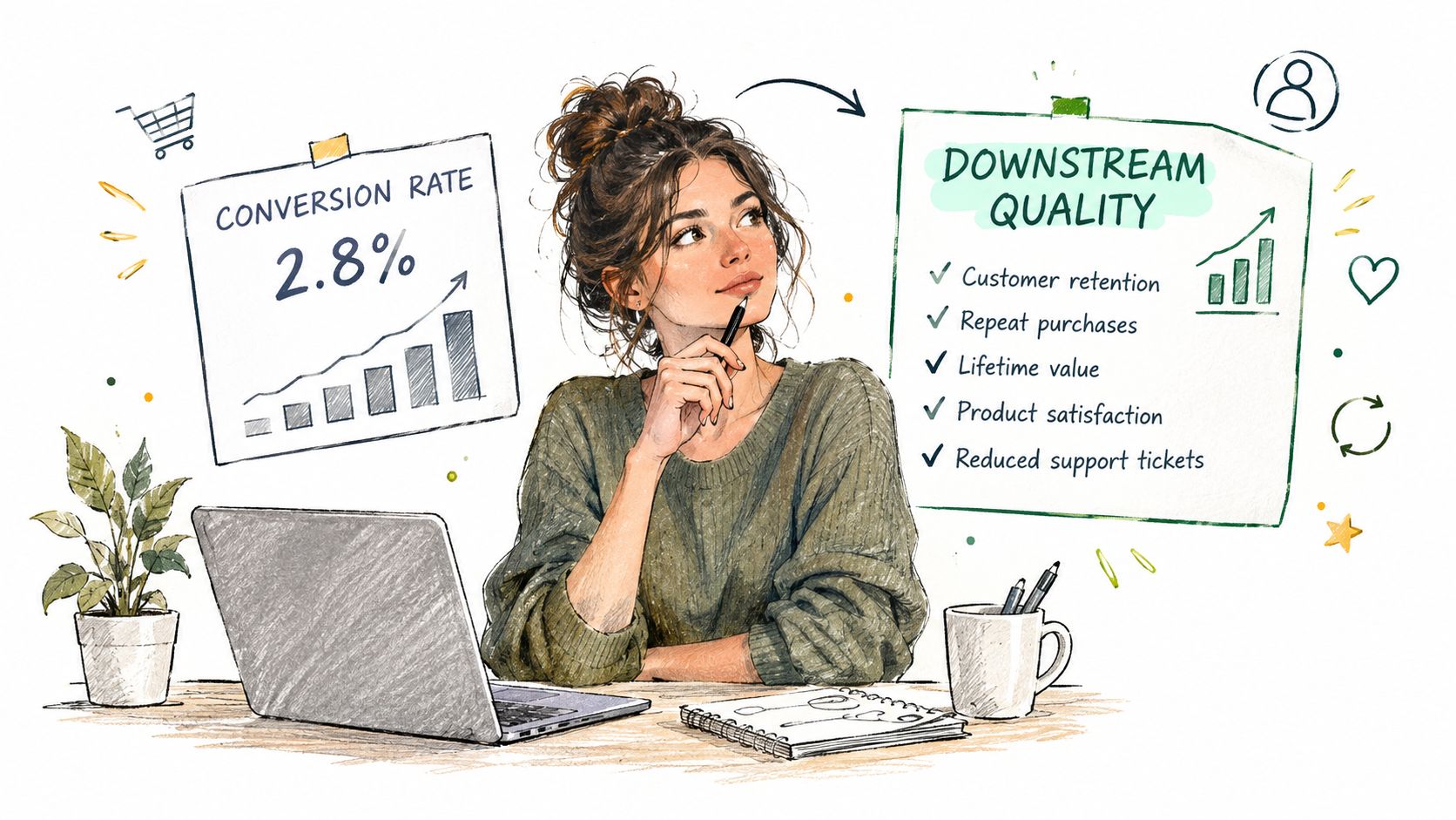 A woman thinking while working at a desk with charts displaying conversion rate and downstream quality metrics.