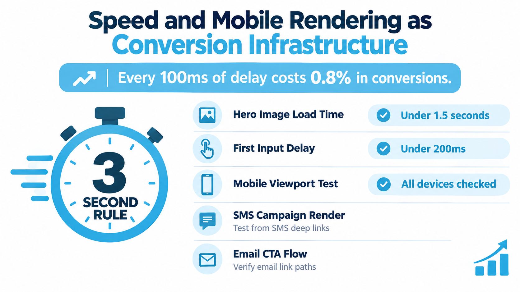 An infographic illustrating how website speed and mobile rendering infrastructure improve digital conversion rates and performance.