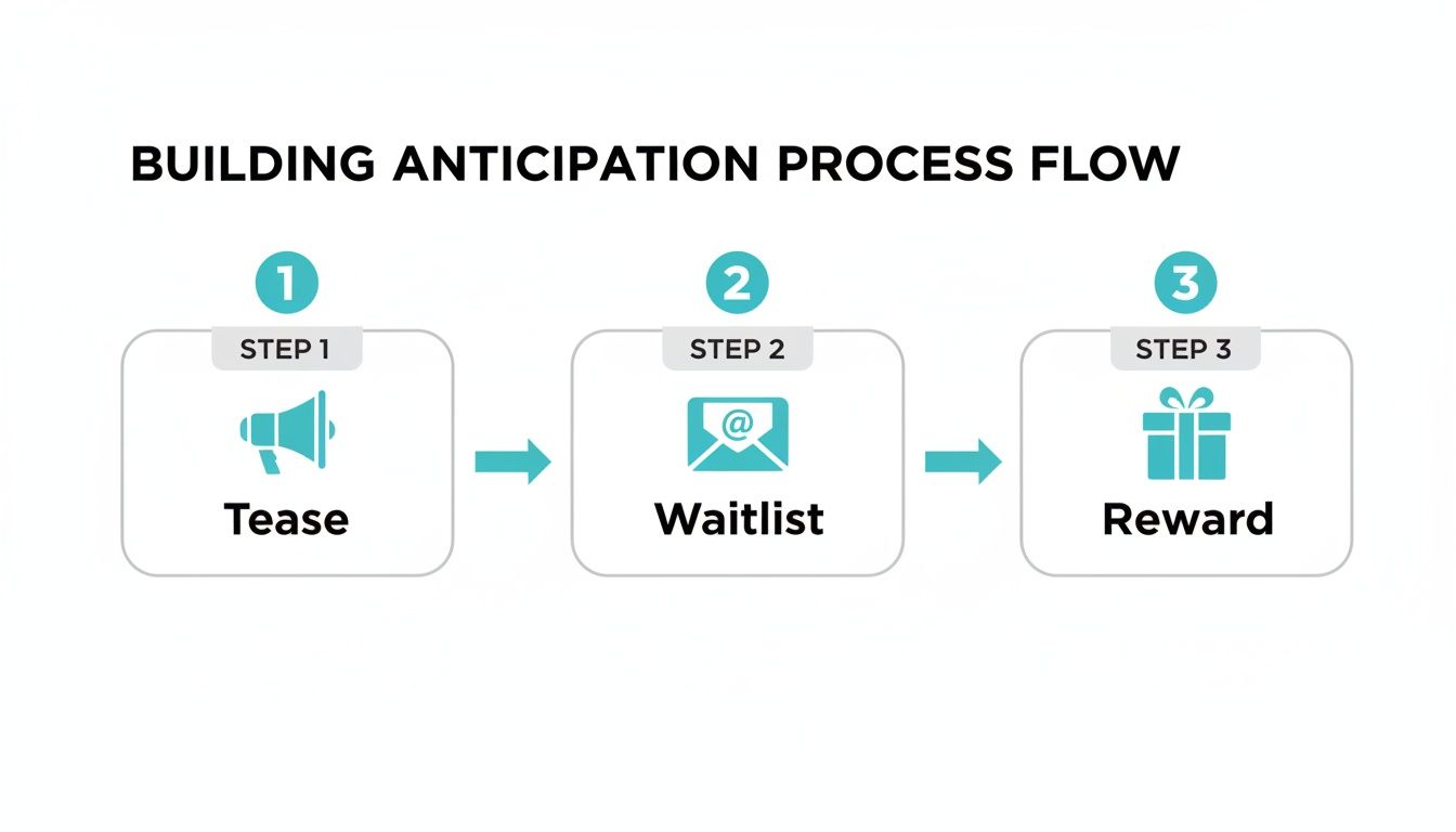 A three-step process flow for building anticipation: Tease, Waitlist, and Reward.