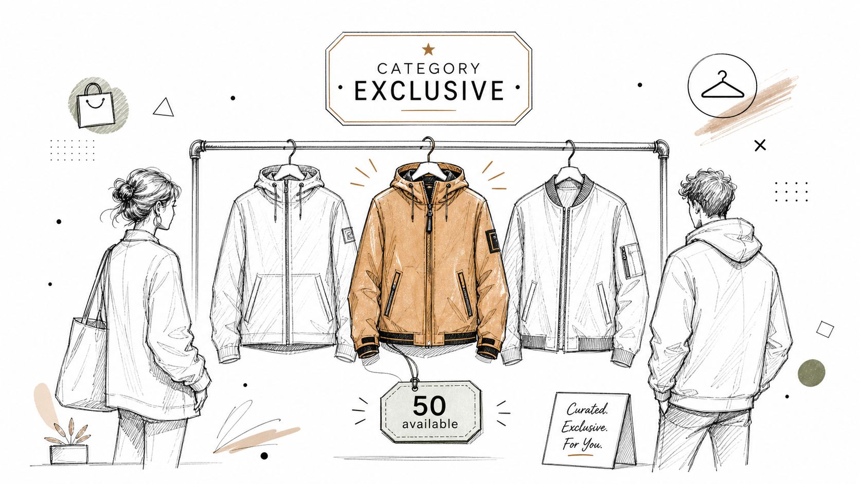 A hand-drawn illustration showing a fashion boutique rack featuring limited edition jackets with an availability counter.