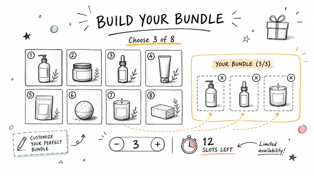 A playful sketch showing a build your own product bundle selection interface with eight different items.