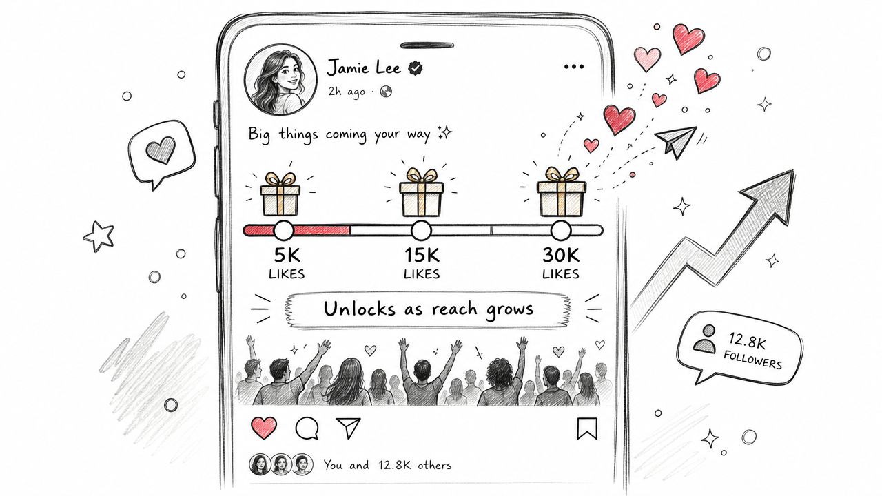 A social media post on a smartphone screen illustrating a follower goal growth campaign with gift milestones.