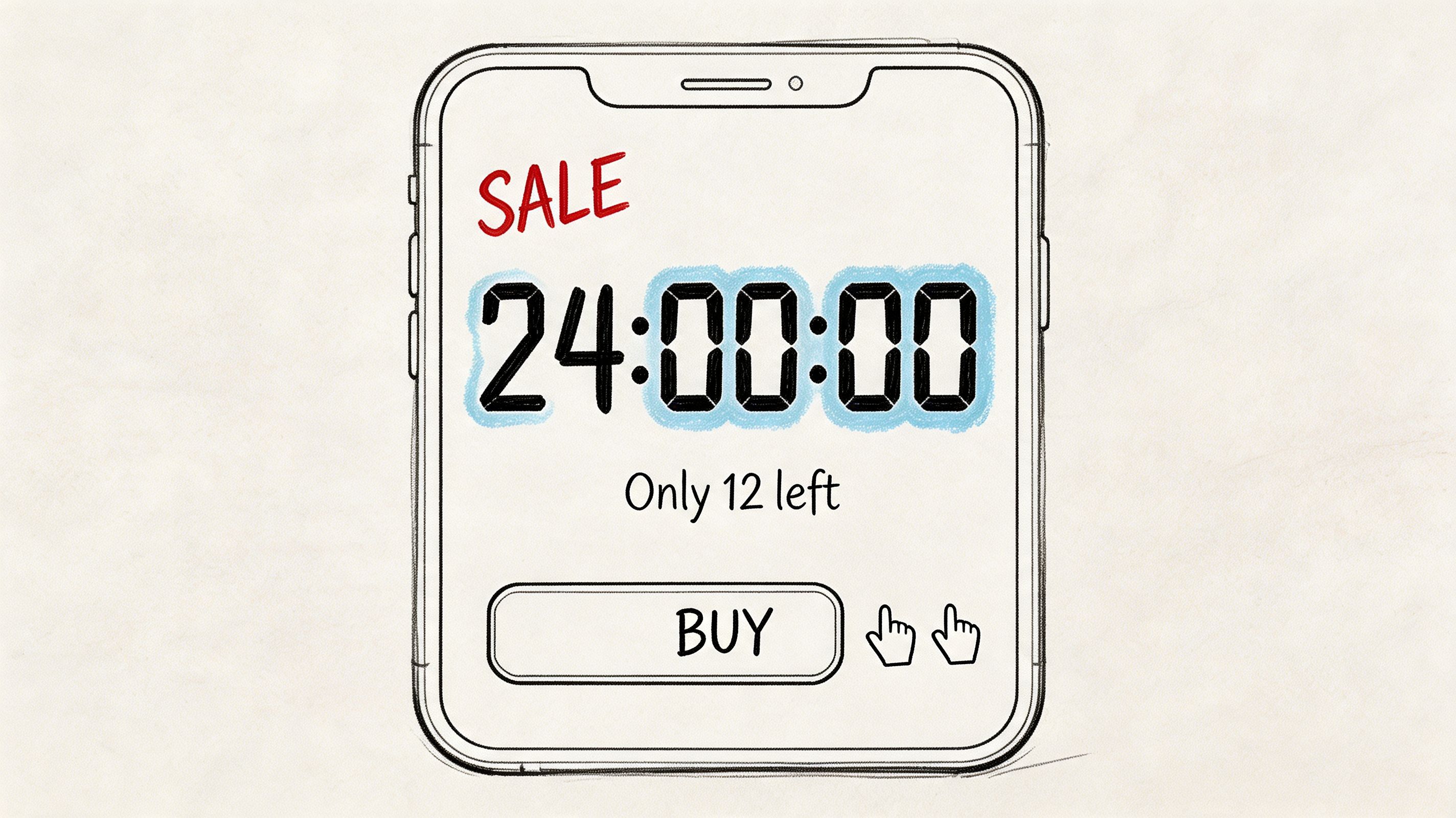 A digital sketch of a smartphone screen showing a sale countdown timer with limited stock available.