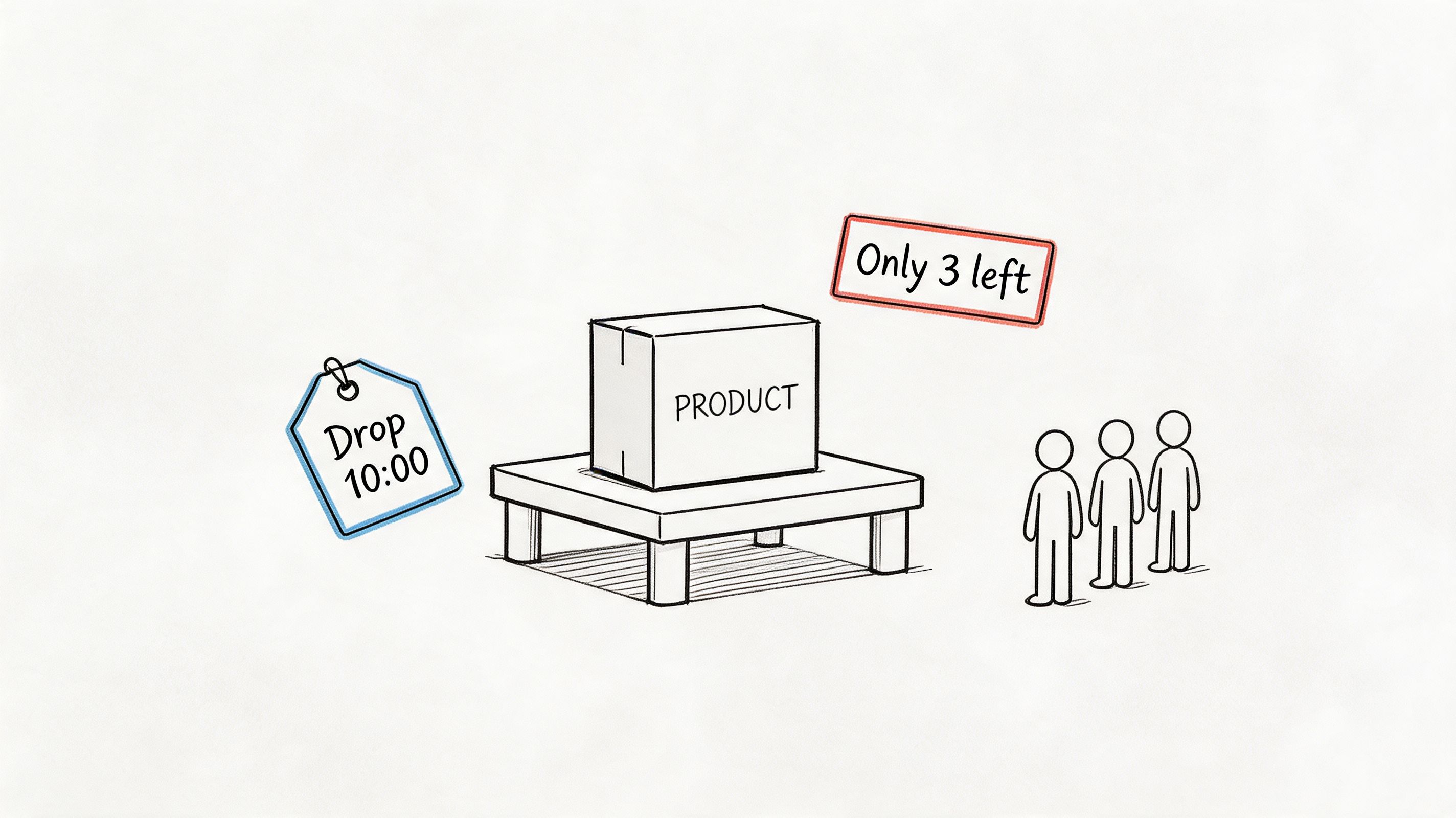 A hand-drawn illustration showing a product box on a platform, a time tag, and three people waiting.