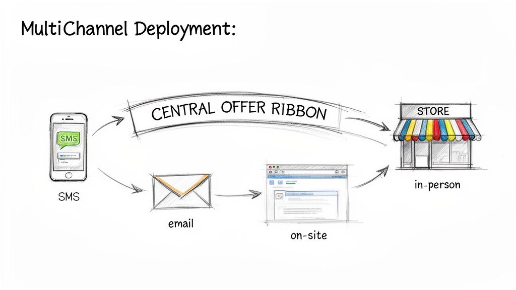 Diagram showing multichannel offer deployment from a central ribbon to SMS, email, on-site, and in-person store.