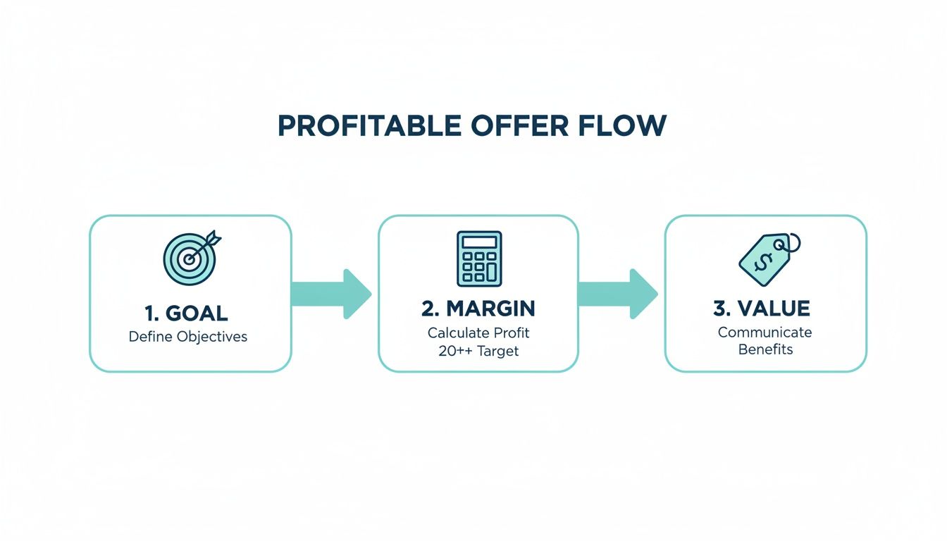 A profitable offer flow diagram illustrating three key steps: Goal, Margin, and Value with icons.
