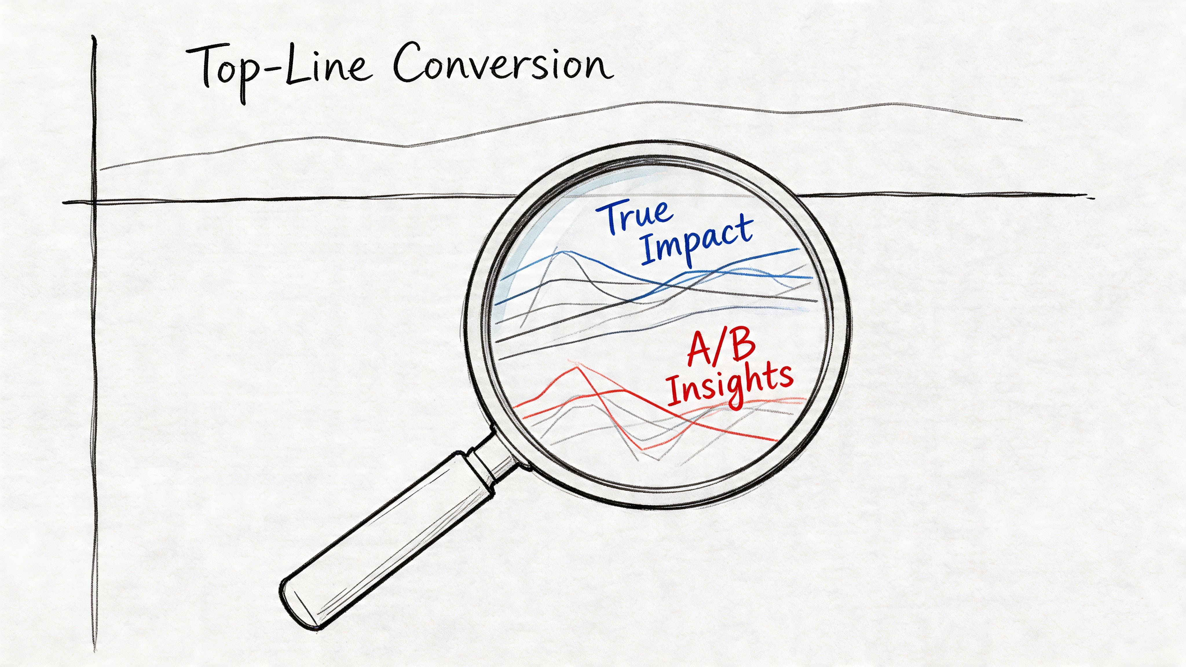 A magnifying glass focusing on charts showing Top-Line Conversion, True Impact, and A/B Insights.