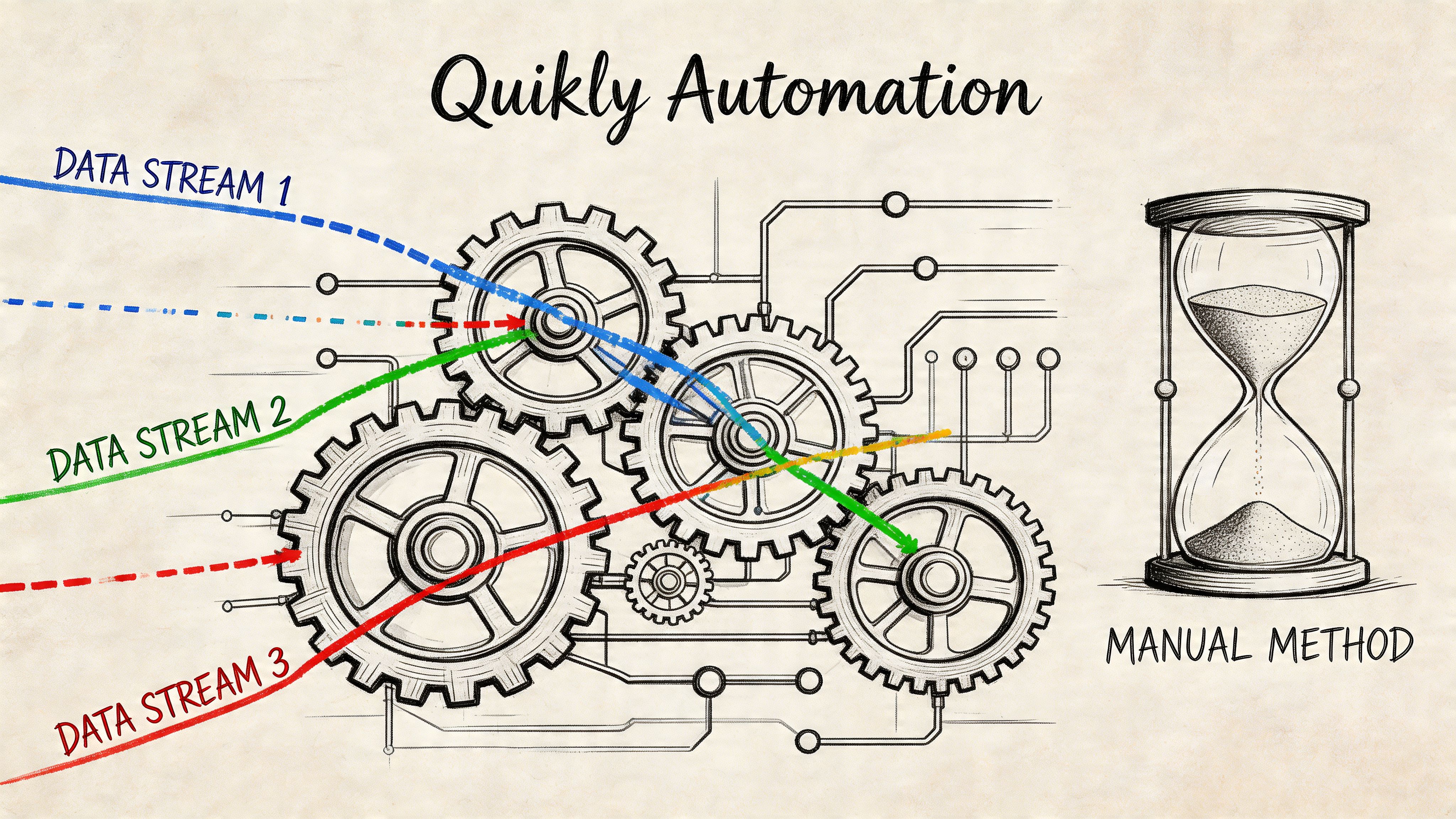 A hand-drawn illustration contrasting fast data stream automation with a slow manual hourglass time measurement method.