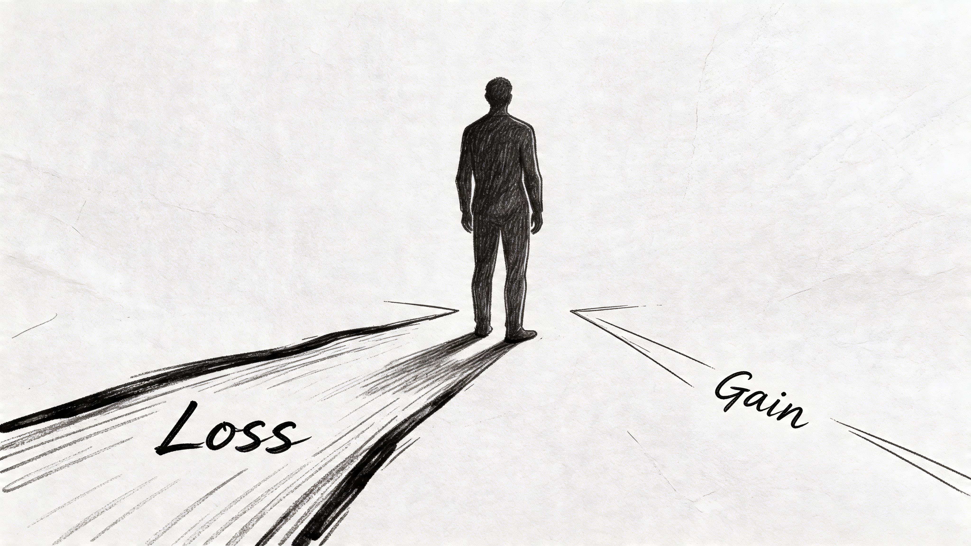 A pencil sketch of a person standing at a crossroads between paths labeled Loss and Gain.