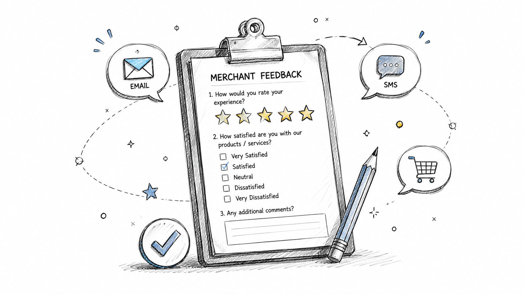 A hand-drawn illustration showing a clipboard for merchant feedback with star ratings and satisfaction survey questions.