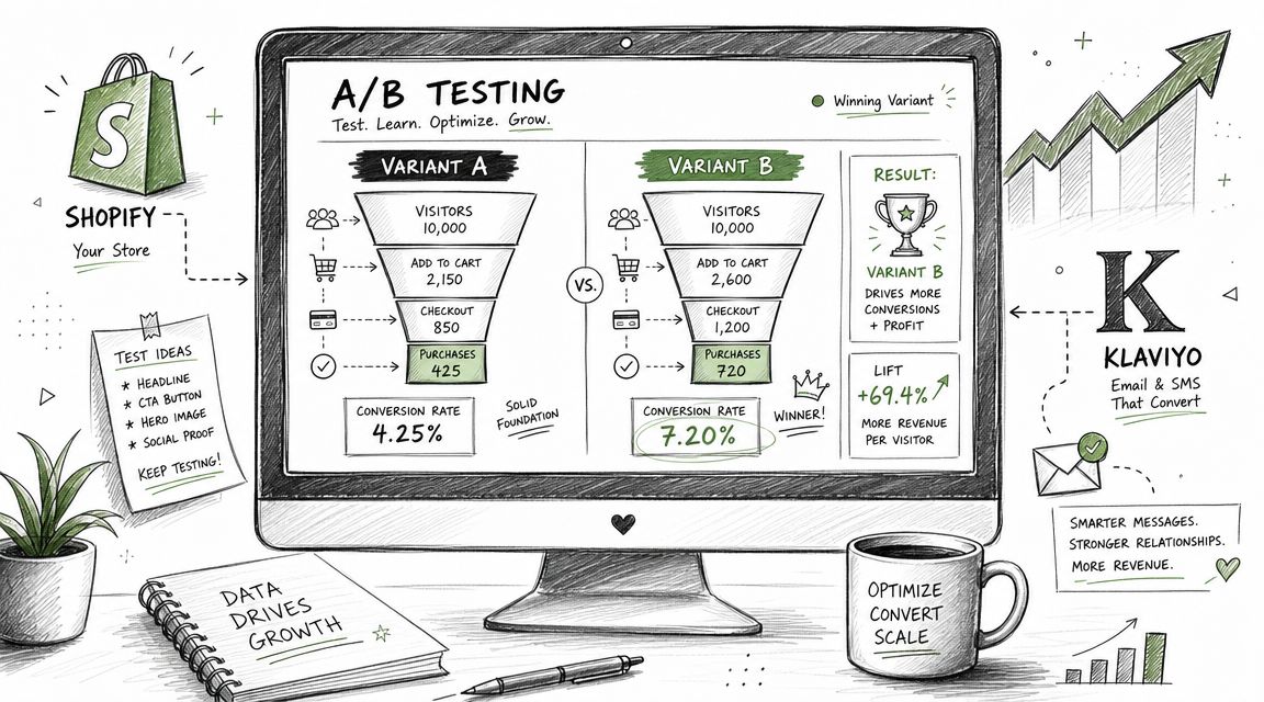 A hand-drawn illustration showing an A/B testing dashboard comparing conversion rates for Shopify store variants.