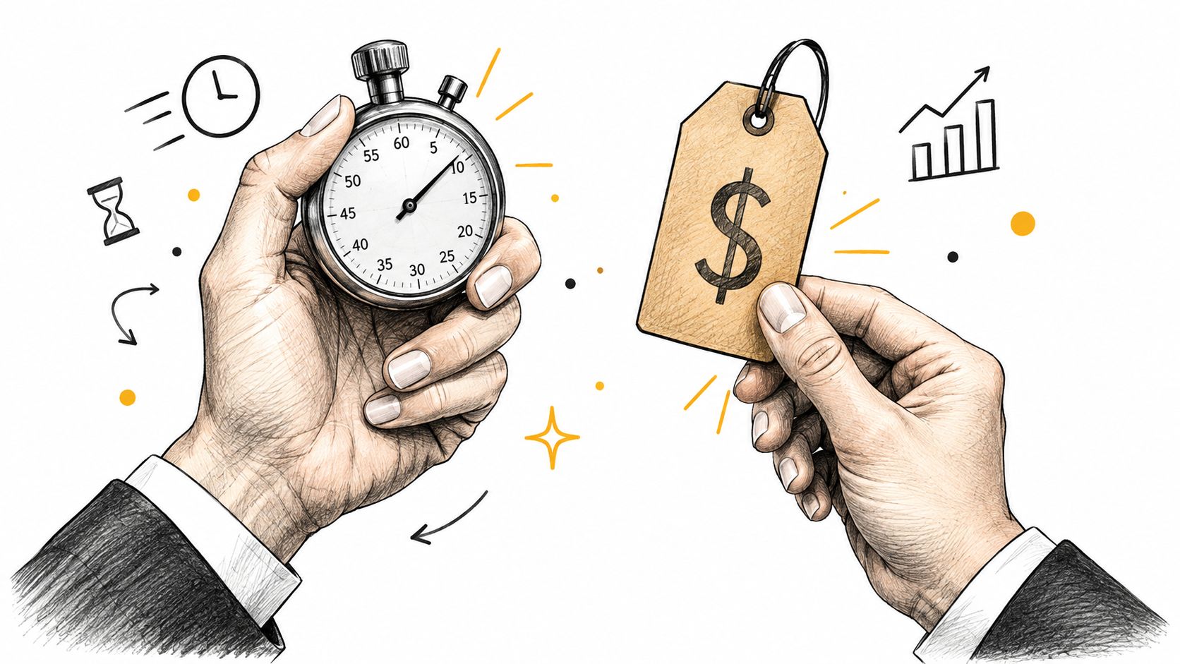 A conceptual illustration showing two hands holding a stopwatch and a price tag, symbolizing time and cost.
