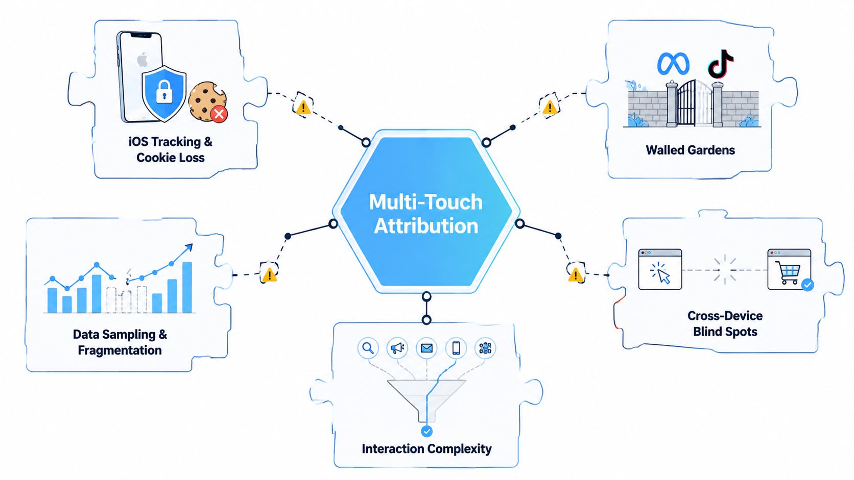 A diagram illustrating five major challenges facing multi-touch attribution, including tracking loss, walled gardens, and data fragmentation.
