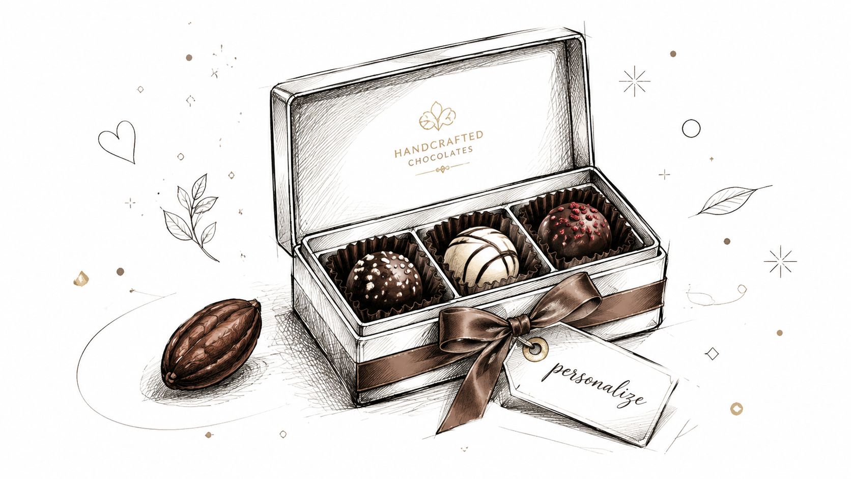 A hand-drawn illustration of a premium box of chocolates with a ribbon and a blank personalization tag.